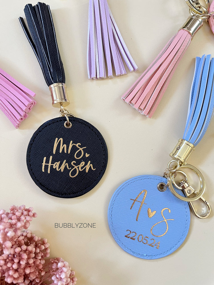 Personalised PU leather Tassel Keychain Round Tag