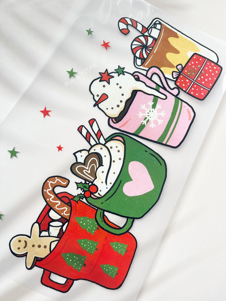 Christmas Snowman in Coffee Latte Cups DTF Transfer Ready to Press