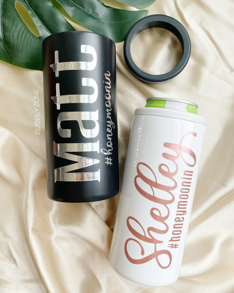 Personalised Honeymoonin Slim Can Cooler