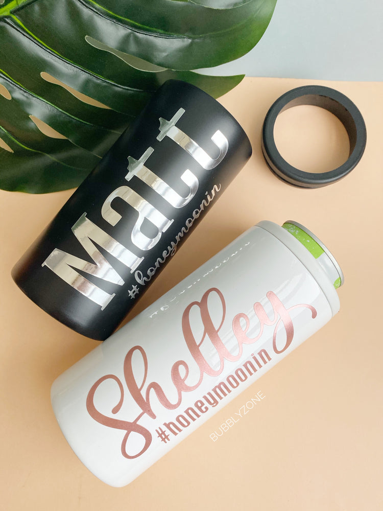 Personalised Honeymoonin Slim Can Cooler
