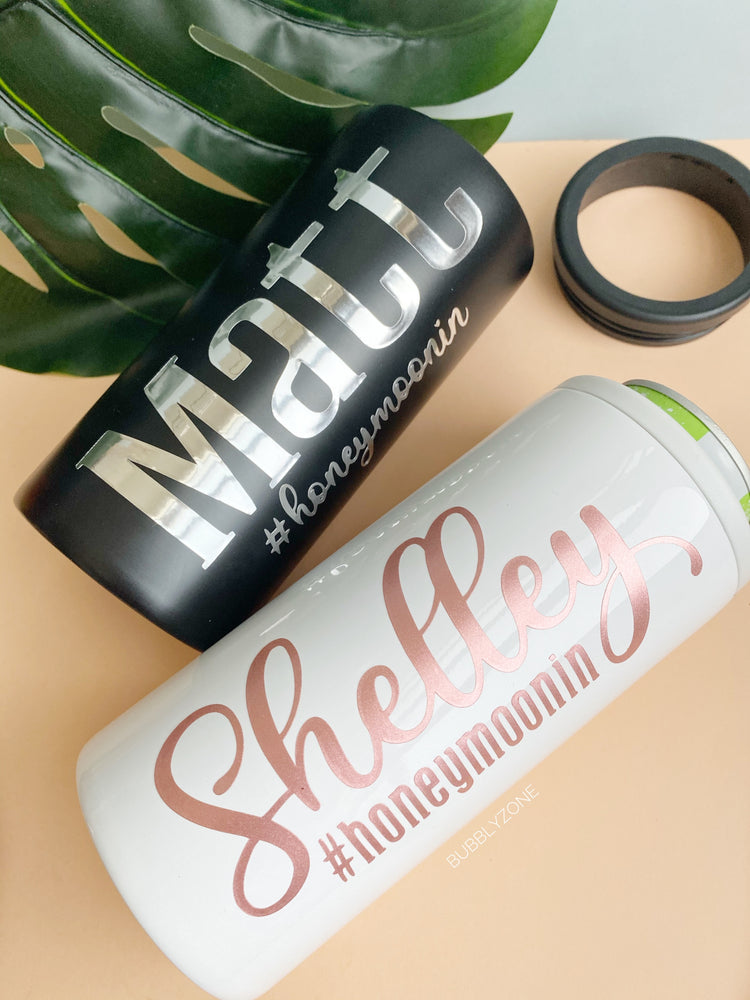 Personalised Honeymoonin Slim Can Cooler