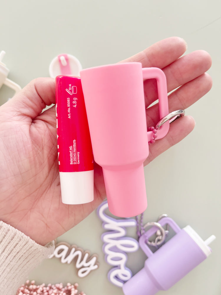 Personalised Name Tag with Tumbler Lip Balm Holder Keychain