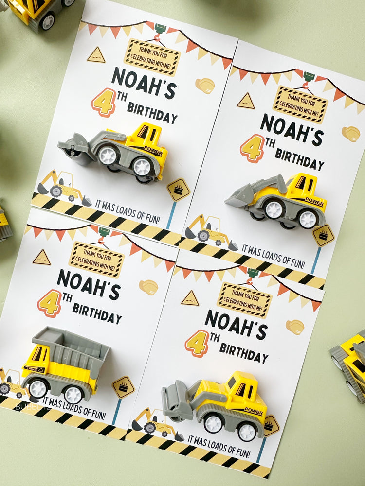 Custom Construction Birthday Party Favors| Toy Truck Thank You Cards