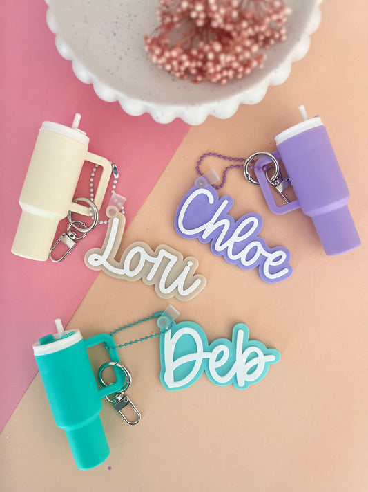 Personalised Name Tag with Tumbler Lip Balm Holder Keychain