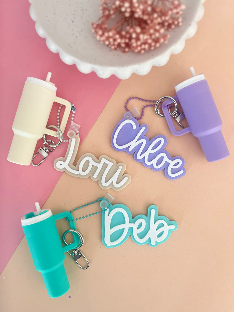 Personalised Name Tag with Tumbler Lip Balm Holder Keychain