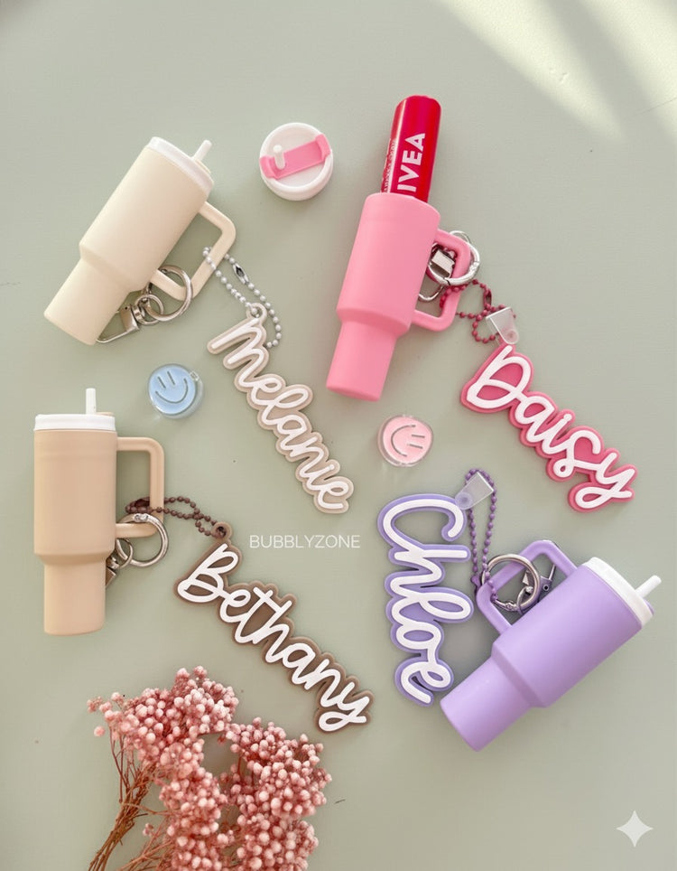 Personalised Name Tag with Tumbler Lip Balm Holder Keychain
