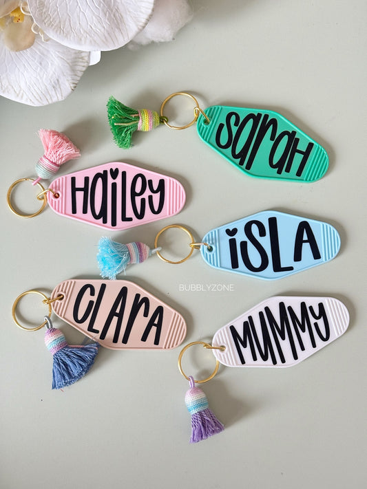 Personalized Retro Motel Keychain ( Custom Name Key Tag with Tassel)