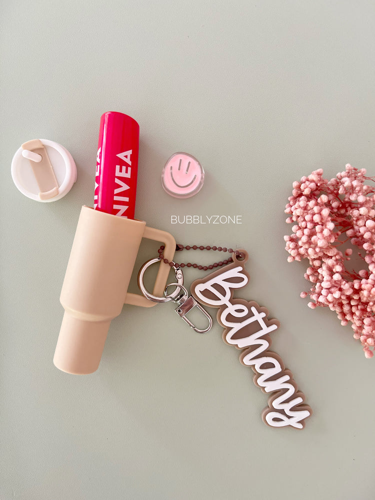 Personalised Name Tag with Tumbler Lip Balm Holder Keychain