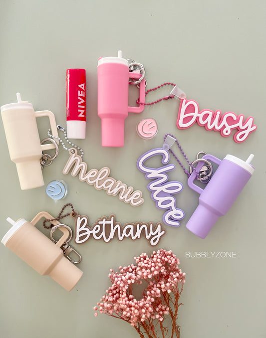 Personalised Name Tag with Tumbler Lip Balm Holder Keychain