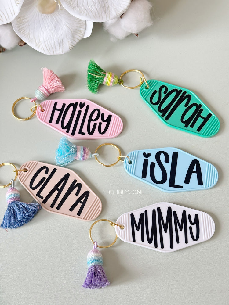 Personalized Retro Motel Keychain ( Custom Name Key Tag with Tassel)