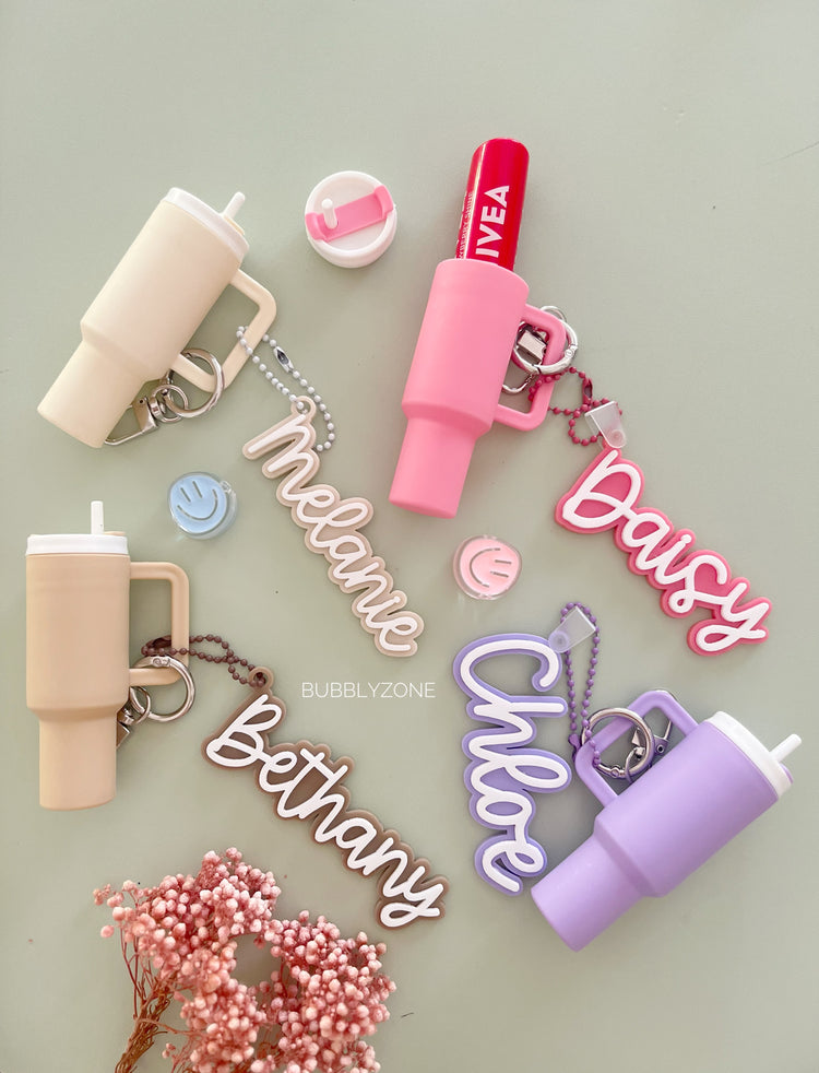 Personalised Name Tag with Tumbler Lip Balm Holder Keychain