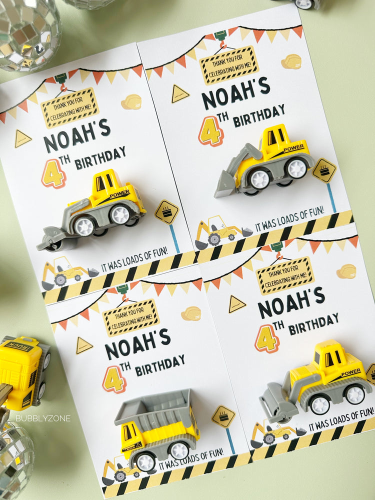Custom Construction Birthday Party Favors| Toy Truck Thank You Cards