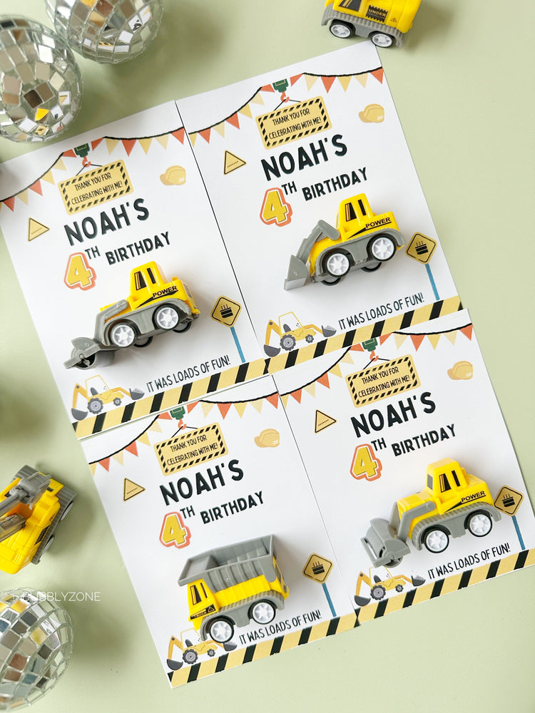 Custom Construction Birthday Party Favors| Toy Truck Thank You Cards