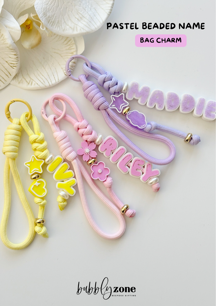 Personalised Pastel Paracord Beaded Name Bag Charm