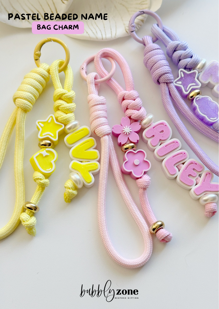 Personalised Pastel Paracord Beaded Name Bag Charm