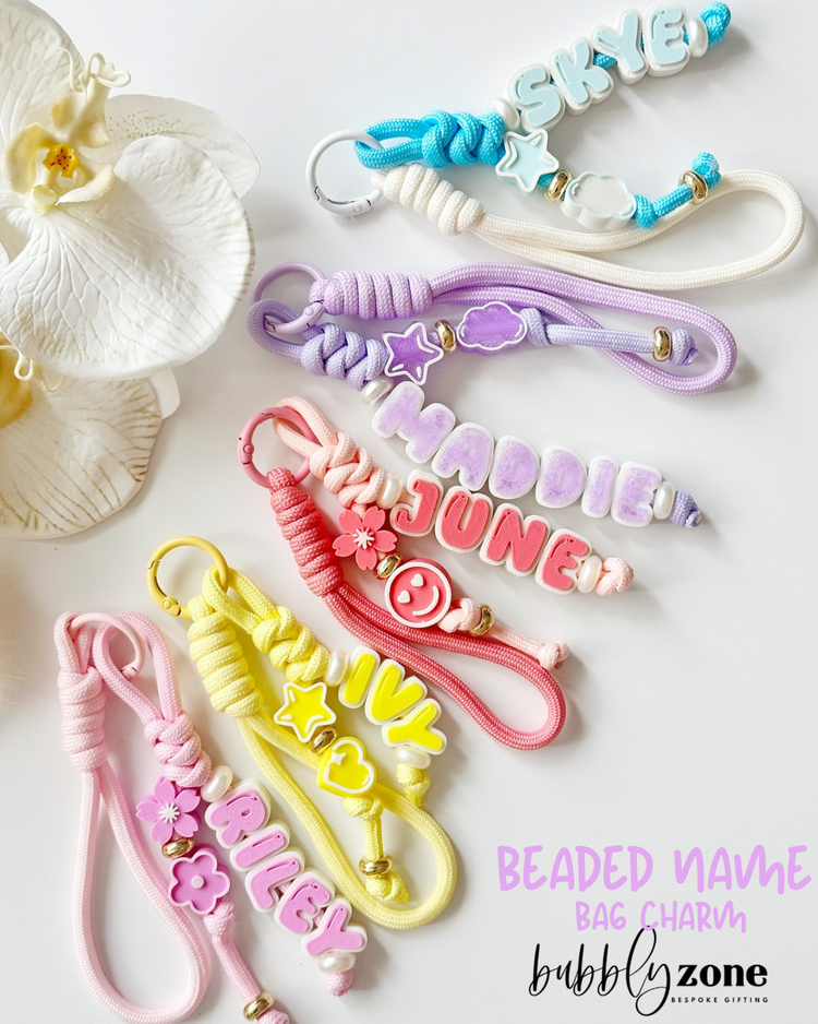 Personalised Pastel Paracord Beaded Name Bag Charm