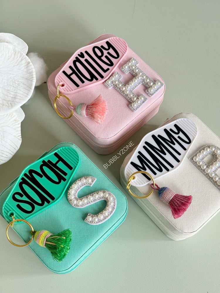 Personalised Square Jewellery Case with Vintage Motel Keychain