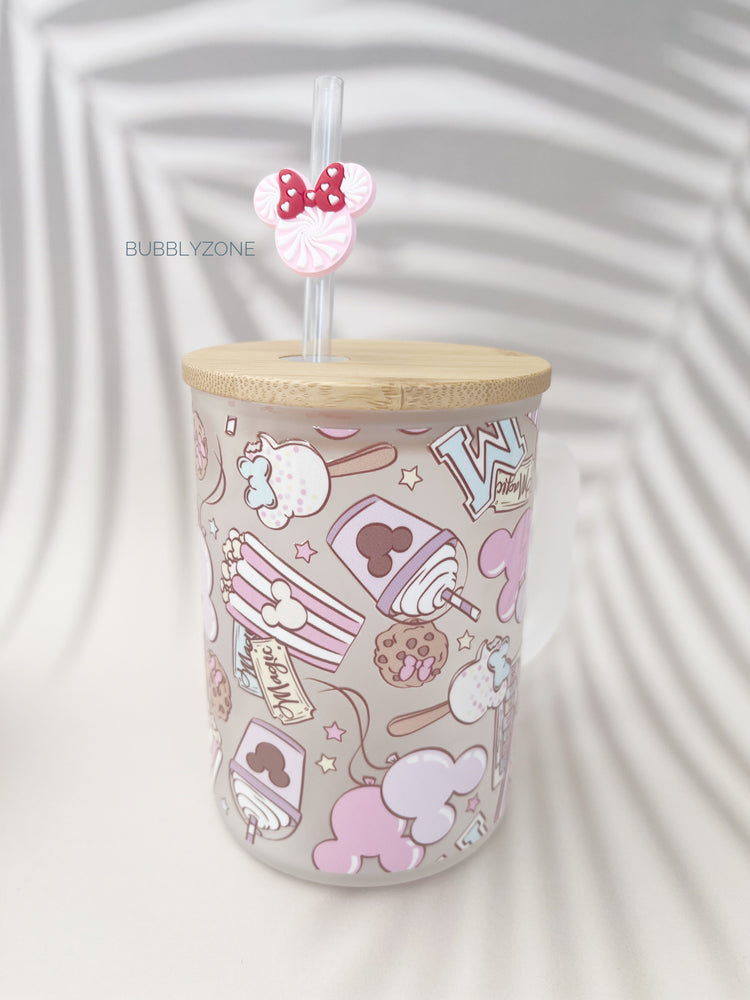 Pink Mickey Balloons and Snacks 17oz Handle Frosted Mug + FREE Matching Straw Topper