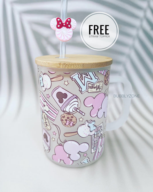 Pink Mickey Balloons and Snacks 17oz Handle Frosted Mug + FREE Matching Straw Topper