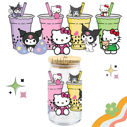 Kitty and Friends Bubble Tea Cups UV DTF Wrap