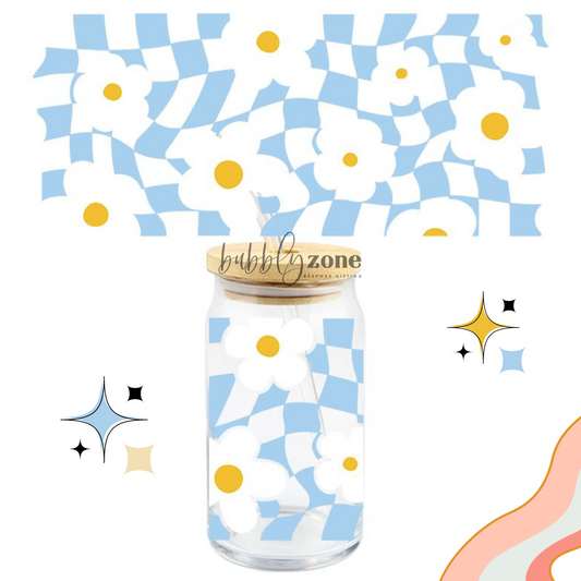 Retro Checkered Daisy Flower- Blue UV DTF Wrap