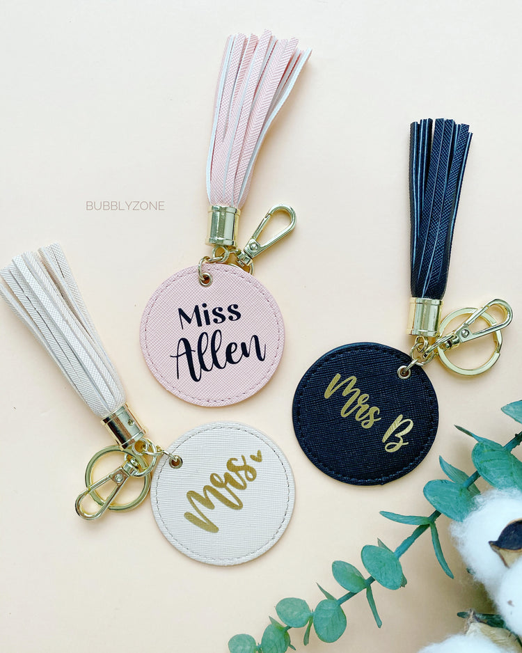 Personalised PU leather Tassel Keychain Round Tag