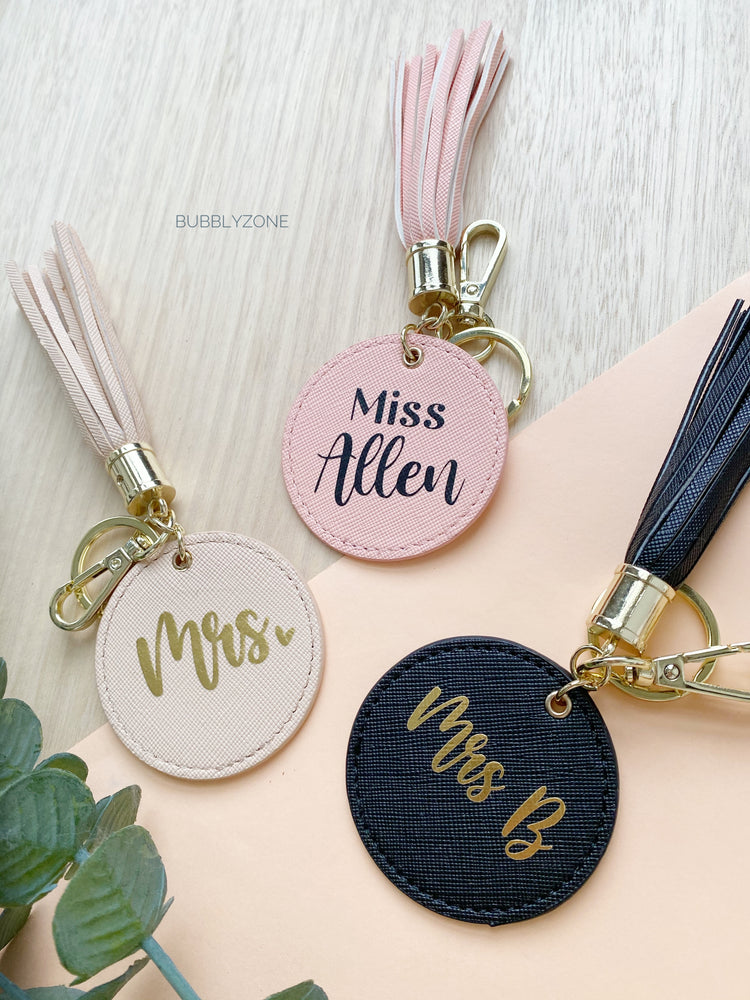 Personalised PU leather Tassel Keychain Round Tag