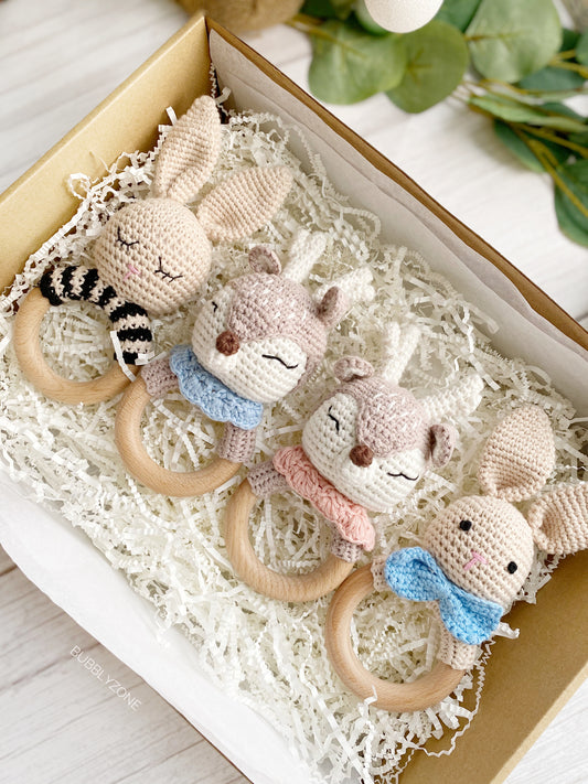 Amigurumi Baby Animal Wooden Crochet Teething Ring Rattle