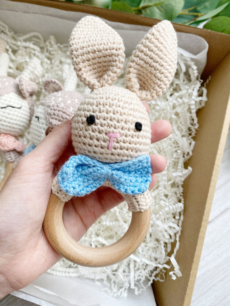 Amigurumi Baby Animal Wooden Crochet Teething Ring Rattle