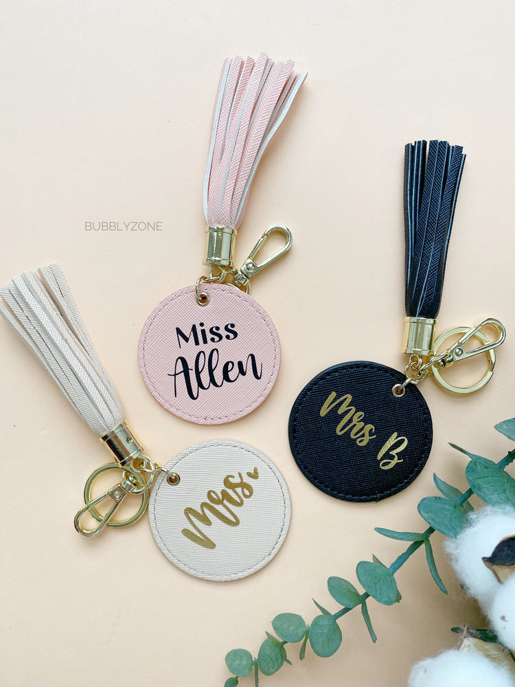 Personalised PU leather Tassel Keychain Round Tag